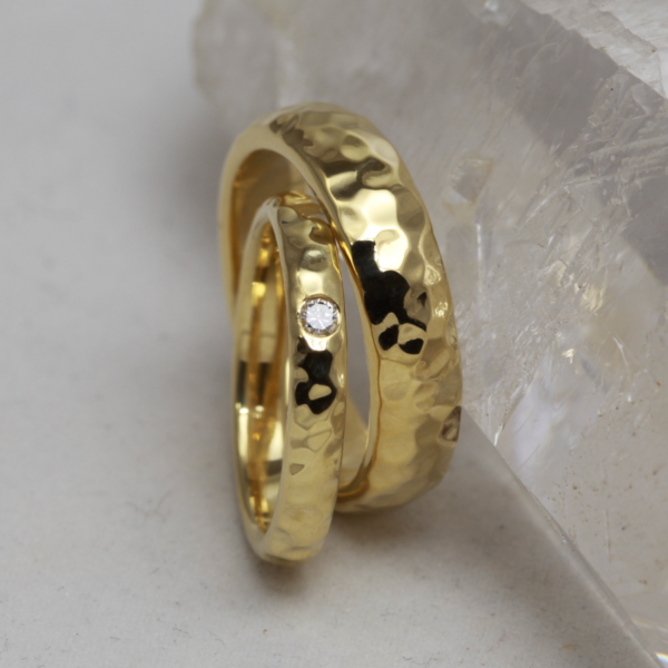 Hammered 18ct Gold Rings with a recycled diamond