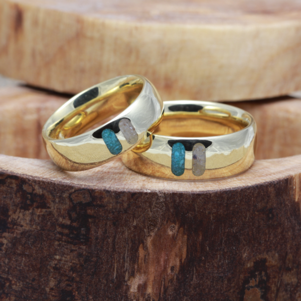 Matching 18ct Gold Turquoise and Smoky Quartz Inlay Rings