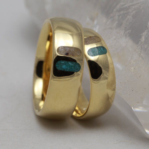 Ethical 18ct Gold Turquoise and Smoky Quartz Inlay Wedding Ring Set