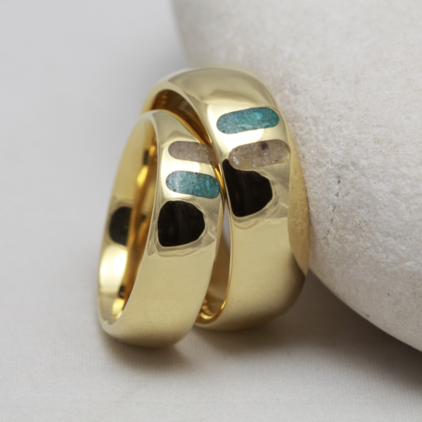 Eco 18ct Gold Turquoise and Smoky Quartz Inlay Wedding Ring Set