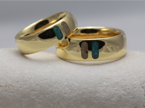Recycled 18ct Gold Turquoise and Smoky Quartz Inlay Wedding Ring Set
