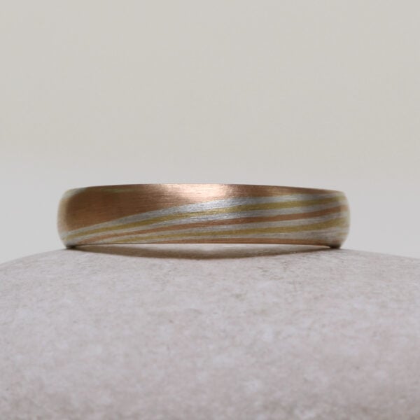 The Hayakawa: 18ct Rose Gold Mokume Gane Wedding Ring with 18ct Yellow Gold and Silver