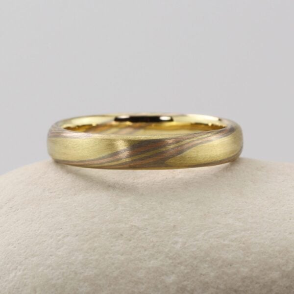 The Hayakawa: 18ct Yellow Gold Mokume Gane Wedding Ring with 18ct White and 18ct Rose Gold