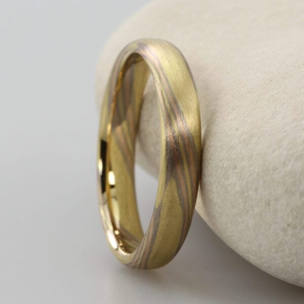 The Hayakawa: 18ct Yellow Gold Mokume Gane Wedding Ring with 18ct White and 18ct Rose Gold