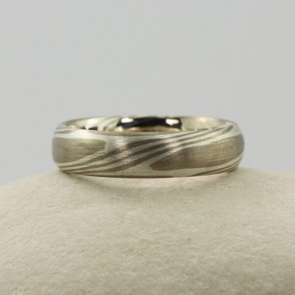 The Hayakawa: 18ct White Gold Mokume Gane Wedding Ring with Silver