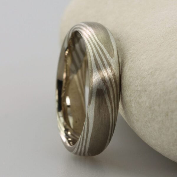 The Hayakawa: 18ct White Gold Mokume Gane Wedding Ring with Silver
