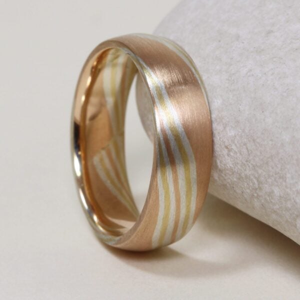 The Hayakawa: 18ct Rose Gold Mokume Gane Wedding Ring with 18ct Yellow Gold and Silver