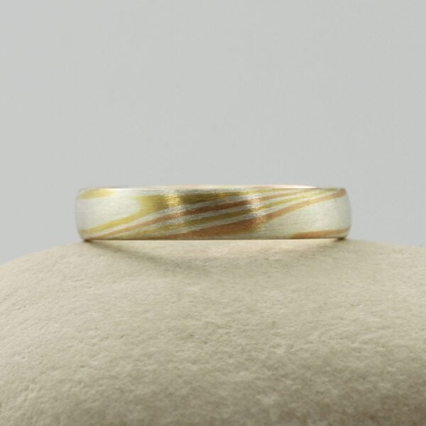 The Hayakawa: Silver Mokume Gane Wedding Ring with 18ct Yellow and 18ct Rose Gold
