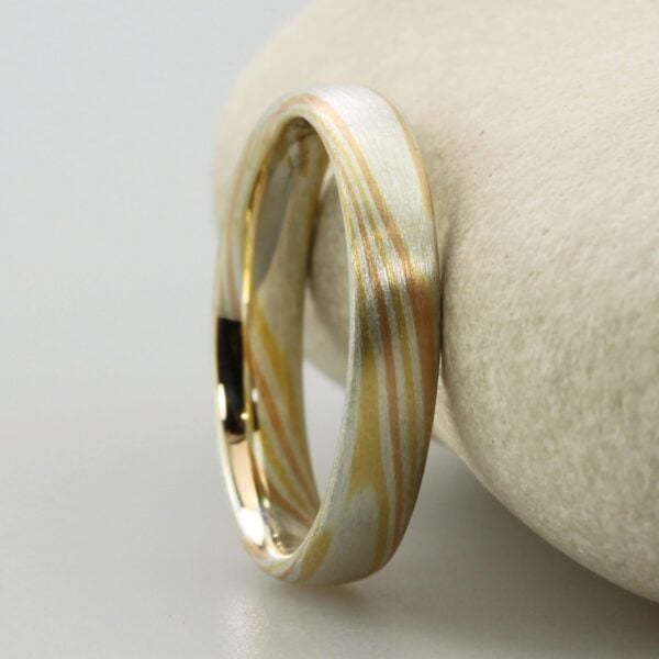 The Hayakawa: Silver Mokume Gane Wedding Ring with 18ct Yellow and 18ct Rose Gold