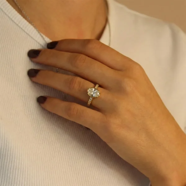 The Faughan: 18ct Gold Partial Collet Oval Diamond or Moissanite Engagement Ring with Pave Set Shoulders