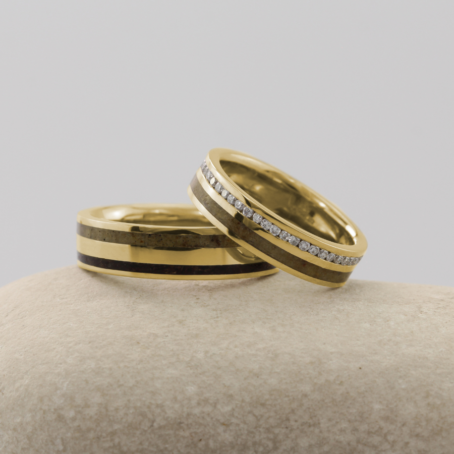 The Denes: Matching Set of 18ct Gold Bespoke Double Inlay Rings