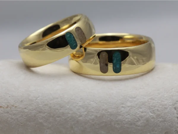 The Darts: Matching 14ct Yellow Gold Rings with Turquoise and Smoky Quartz Inlays