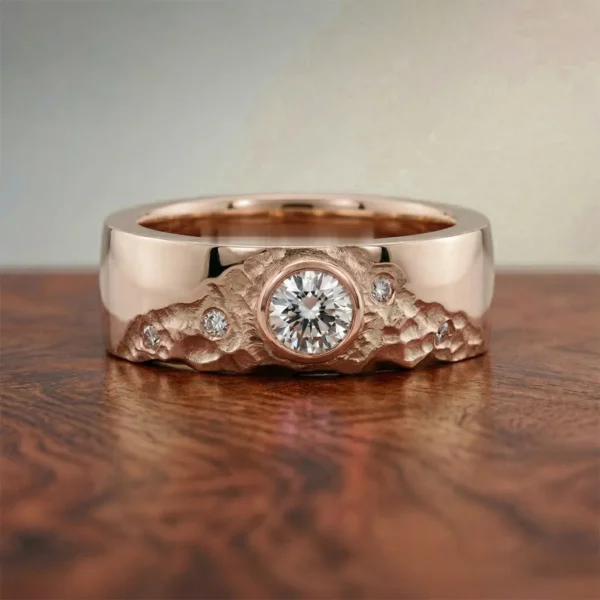 The Loxley: 18ct Rose Gold Sunrise Mountain Ring with Diamond or Moissanite