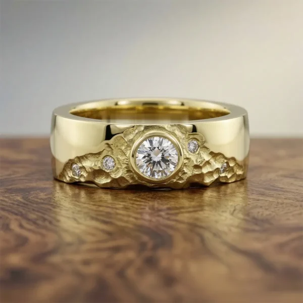 The Loxley: 14ct Yellow Gold Sunrise Mountain Ring with Diamond or Moissanite