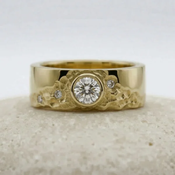 The Loxley: 14ct Yellow Gold Sunrise Mountain Ring with Diamond or Moissanite
