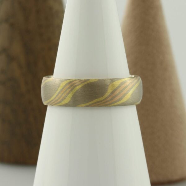 The Hayakawa: 18ct White Gold Mokume Gane Wedding Ring with 18ct Yellow and 18ct Rose Gold