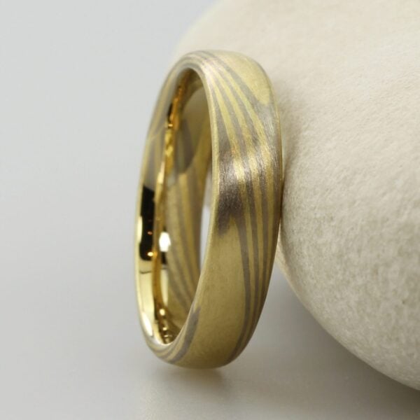 The Hayakawa: 18ct Yellow Gold Mokume Gane Wedding Ring with 18ct White Gold