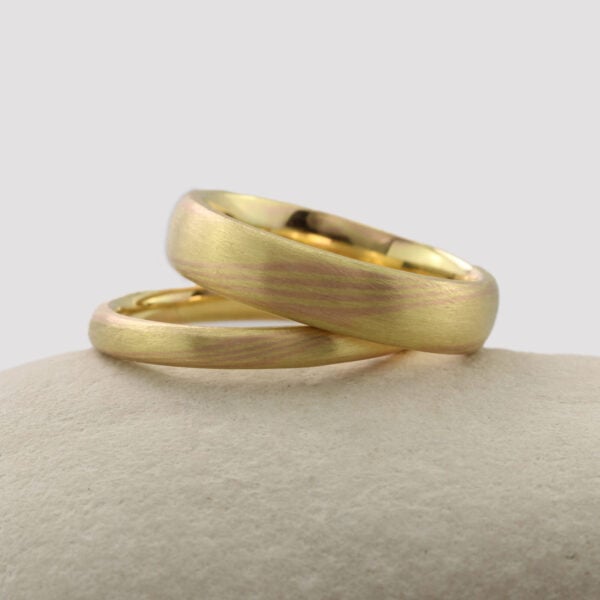The Hayakawas: 18ct Yellow Gold Mokume Gane Wedding Ring Set with 18ct Rose Gold