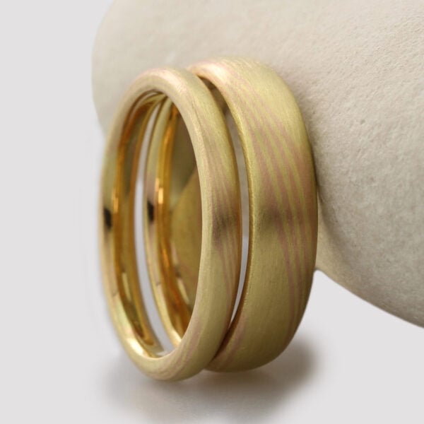 The Hayakawas: 18ct Yellow Gold Mokume Gane Wedding Ring Set with 18ct Rose Gold