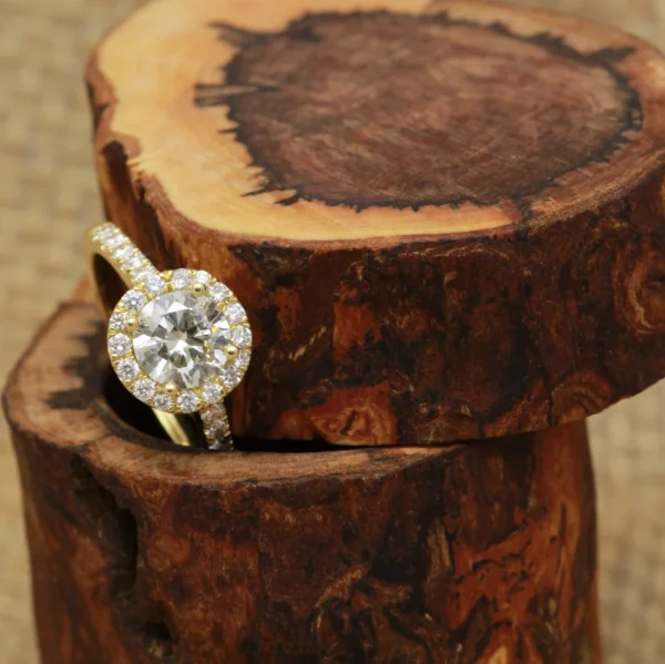The Massan: Handmade 14ct Yellow Gold Diamond or Moissanite Halo Engagement Ring