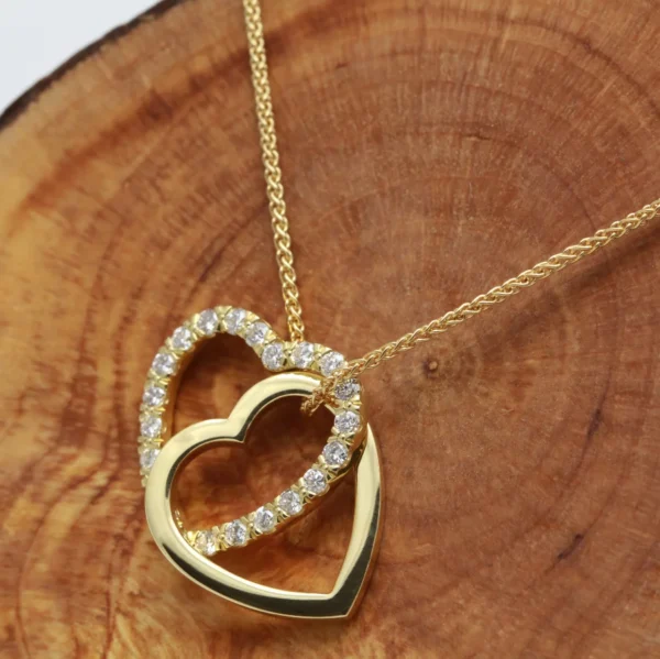 Handmade 18ct Yellow Gold and Diamond Linked Open Hearts Pendant