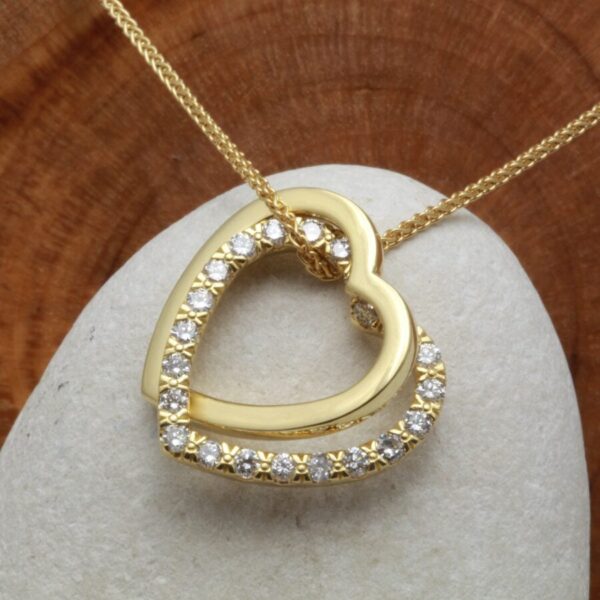 Handmade 18ct Yellow Gold and Diamond Linked Open Hearts Pendant