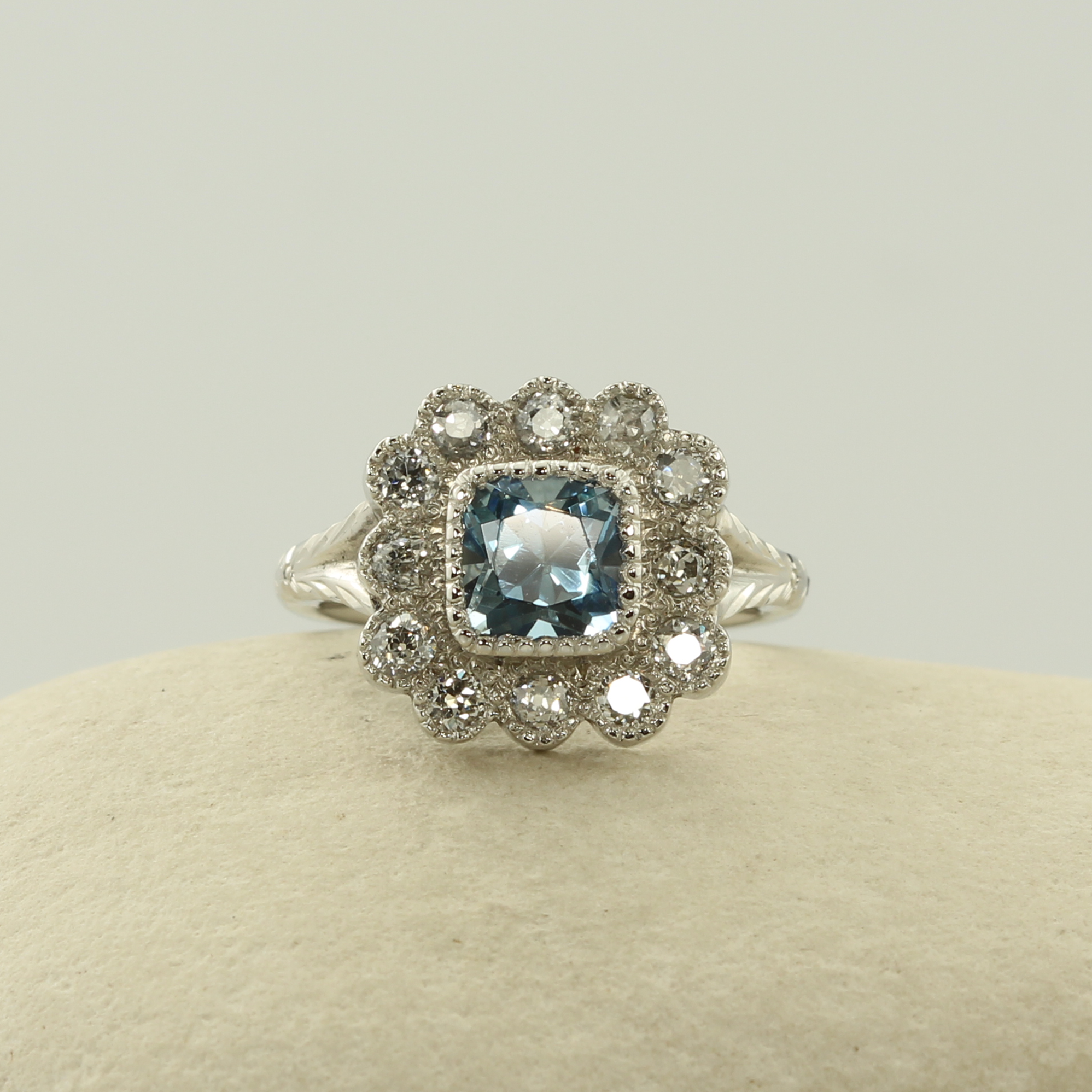 The Clova: Handmade 950 Platinum Teal Cushion Cut and Old Cut Diamond Halo Ring