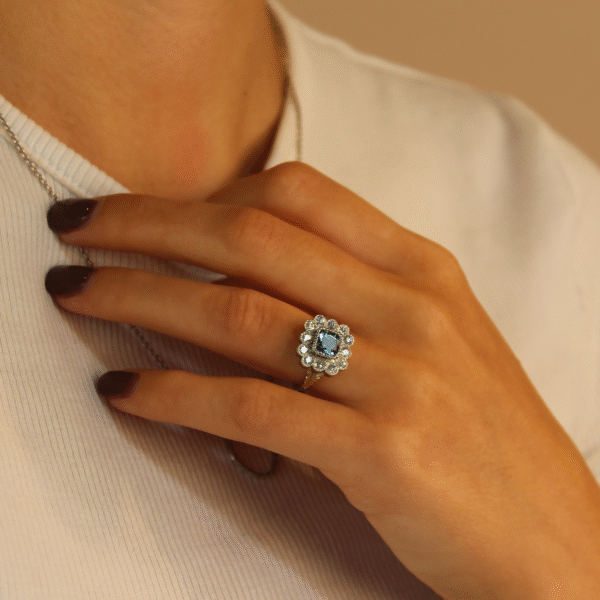 The Clova: Handmade 950 Platinum Teal Cushion Cut and Old Cut Diamond Halo Ring