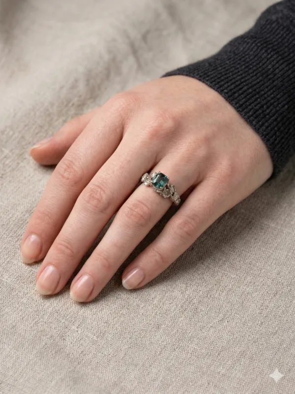 The Elan: Handmade 18ct White Gold Radiant Cut Sea Green Sapphire Floral Engagement Ring