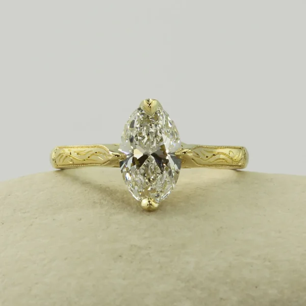 The Windrush: Hand Engraved 18ct Yellow Gold Diamond or Moissanite Engagement Ring